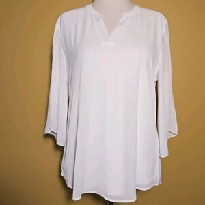 Timeson Sheer V Neck Ivory White Blouse 3/4 Bell Sleeves Tunic‎ V Neck Large EUC